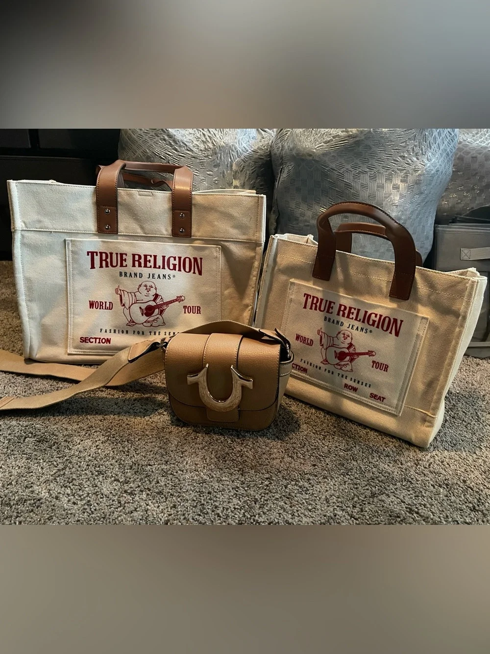 True Religion Beige Canvas Tote Bags with Brown Handles and Tan Crossbody - Picture 2 of 3